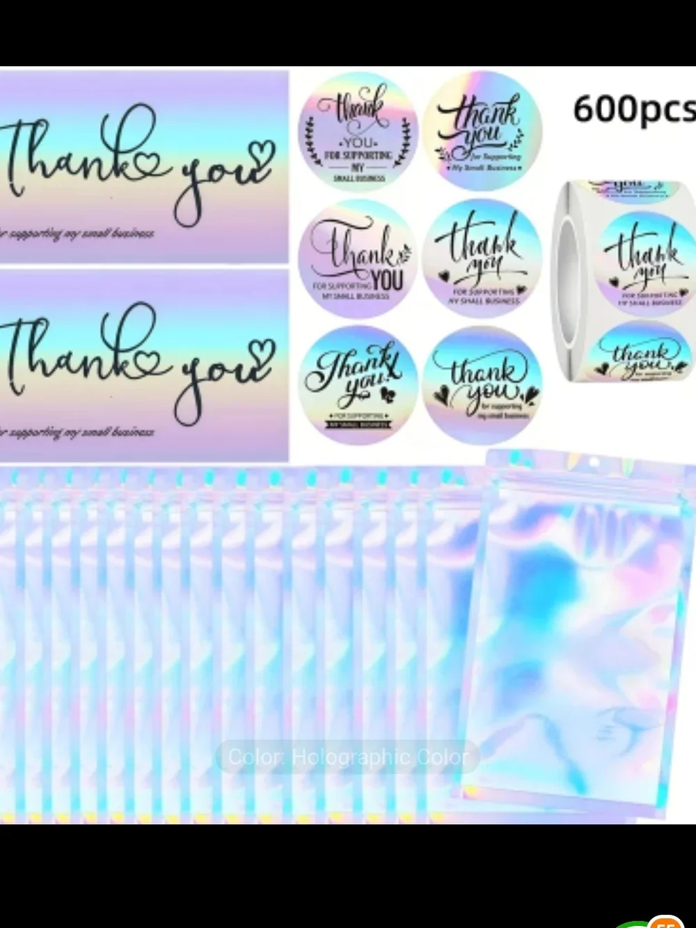 600 PCS Holographic Thank You Sticker/Cards & Pouch Bundle- New